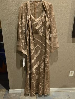 Elegant Damianou Taupe Floral Lace Evening Dress with Sheer Jacket